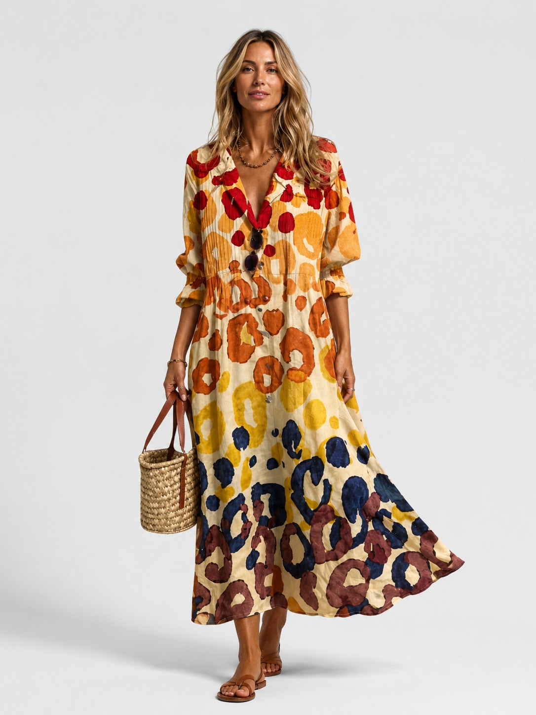 Nuvara | Nuria | Vestido Largo Camisero Estampado Mujer Manga Larga Botones