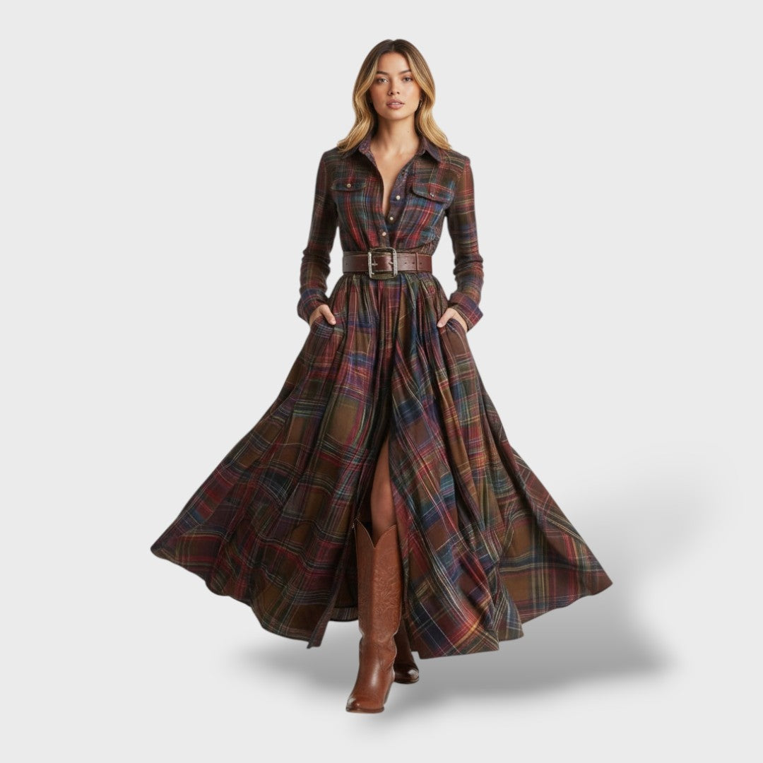 Nuvara | Paloma | Vestido Largo de Invitada Invierno Mujer Manga Larga Cuadros