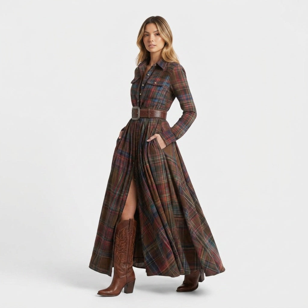 Nuvara | Paloma | Vestido Largo de Invitada Invierno Mujer Manga Larga Cuadros