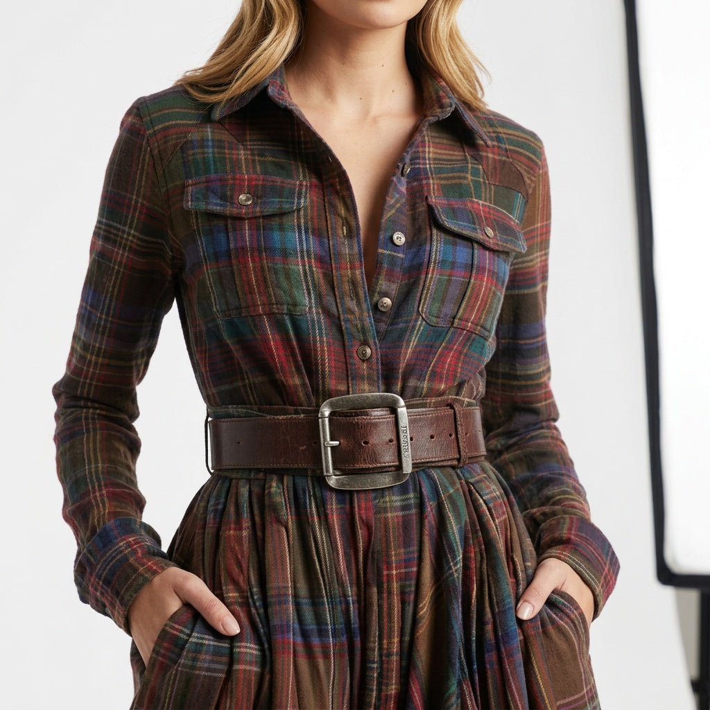 Nuvara | Paloma | Vestido Largo de Invitada Invierno Mujer Manga Larga Cuadros
