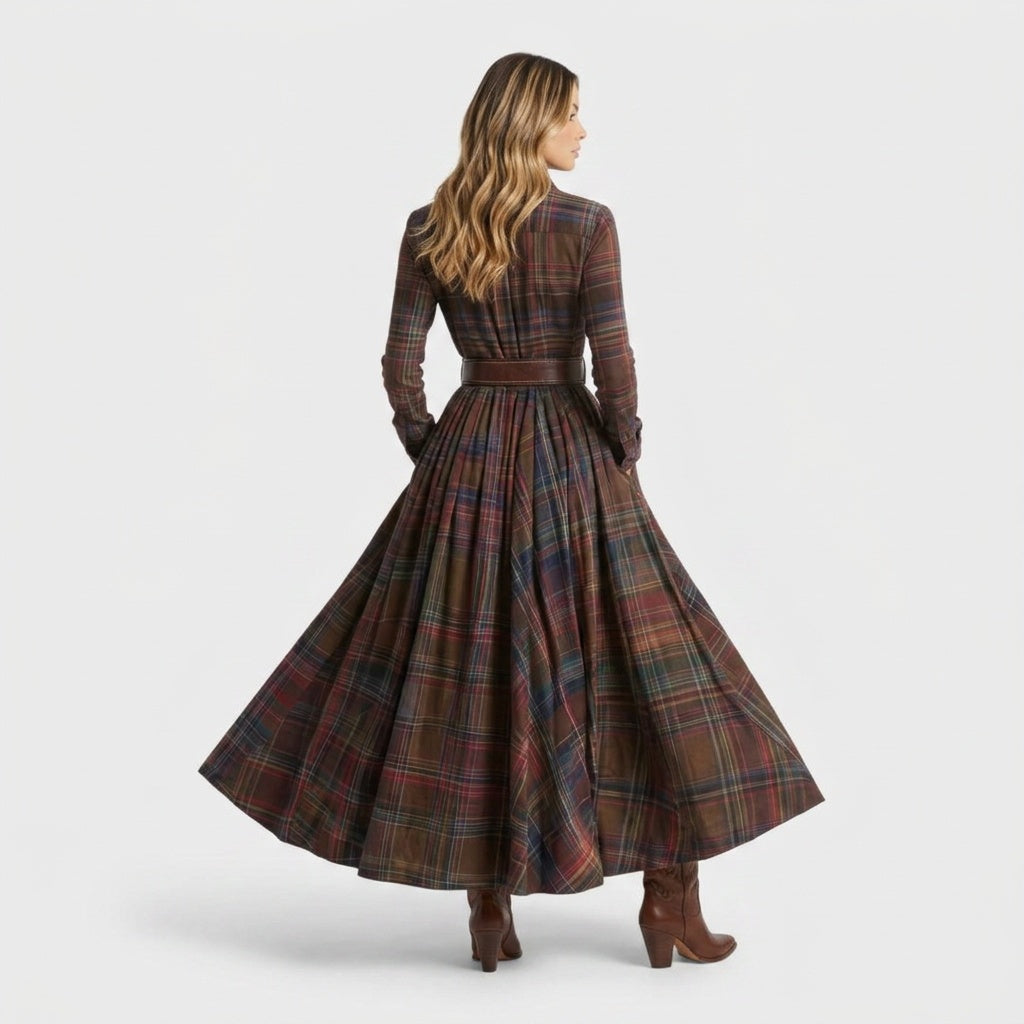 Nuvara | Paloma | Vestido Largo de Invitada Invierno Mujer Manga Larga Cuadros