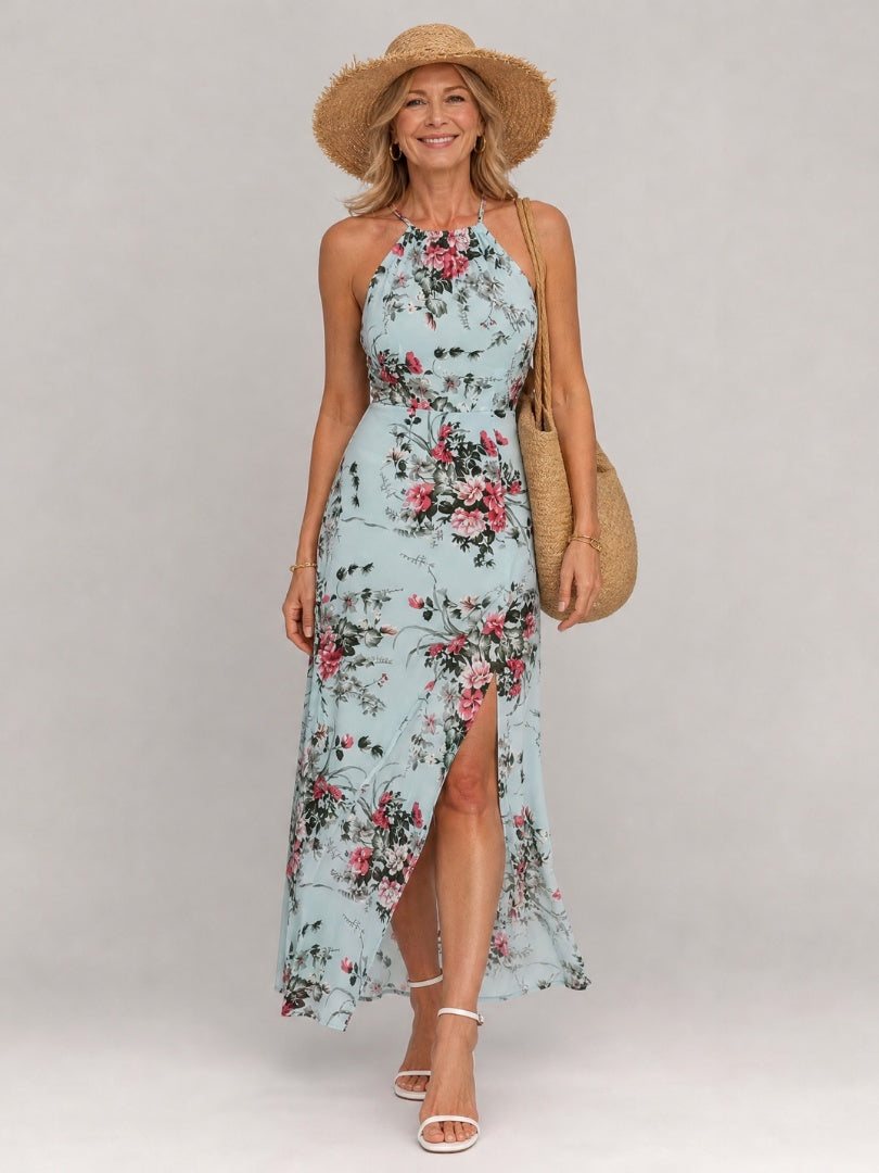 Nuvara | Paloma | Vestido Largo Floral Mujer Cuello Halter Abertura Lateral