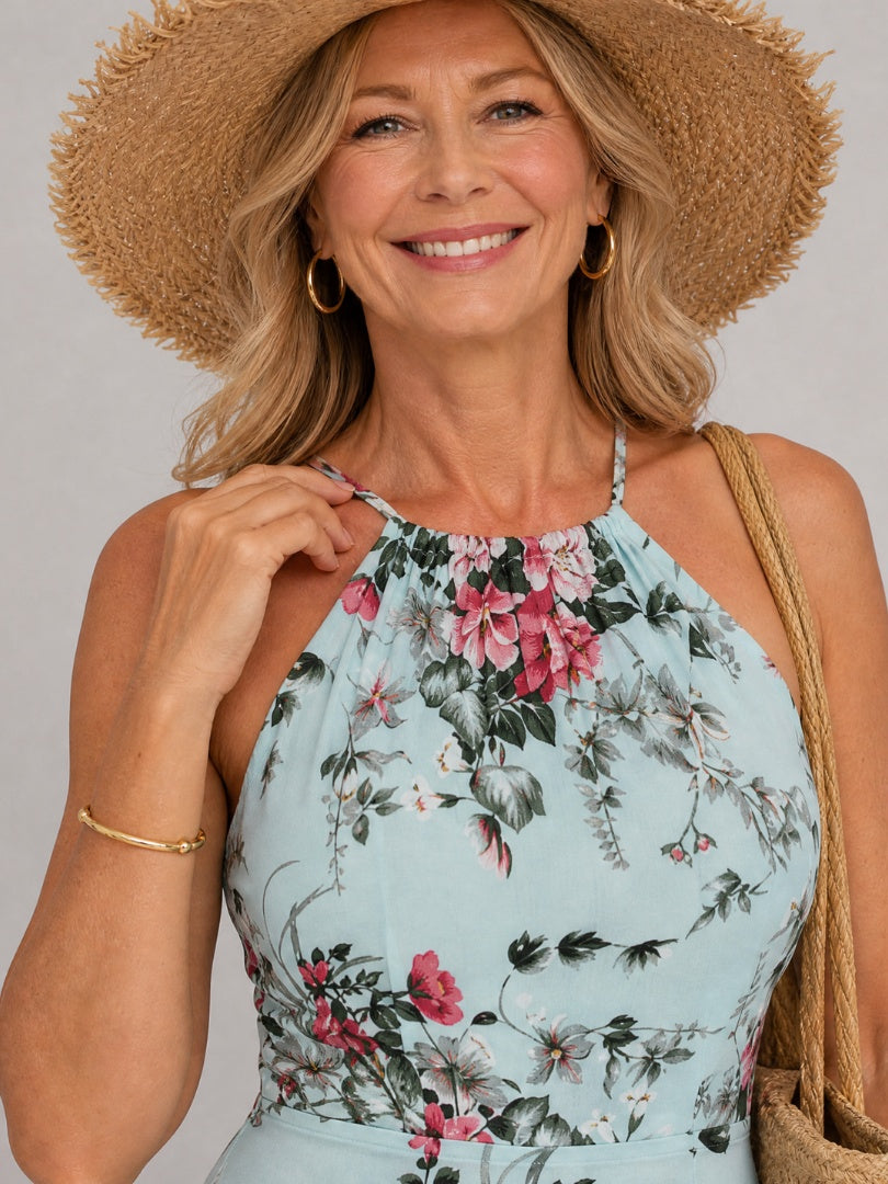 Nuvara | Paloma | Vestido Largo Floral Mujer Cuello Halter Abertura Lateral
