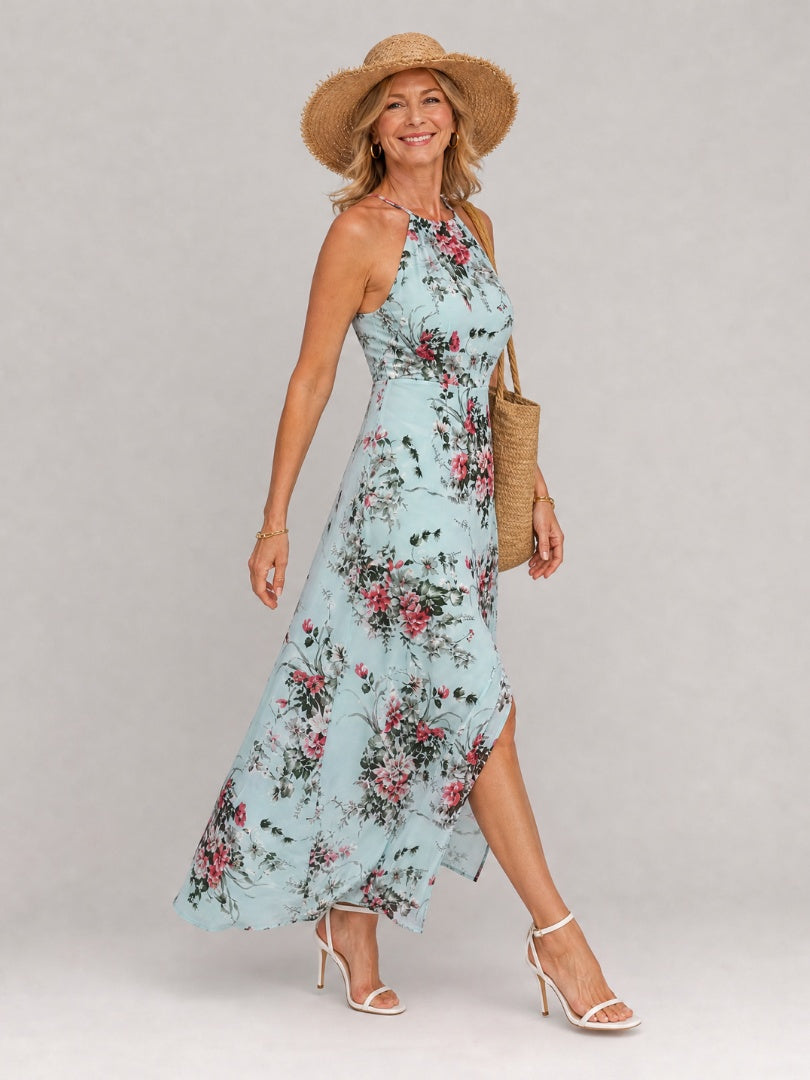 Nuvara | Paloma | Vestido Largo Floral Mujer Cuello Halter Abertura Lateral