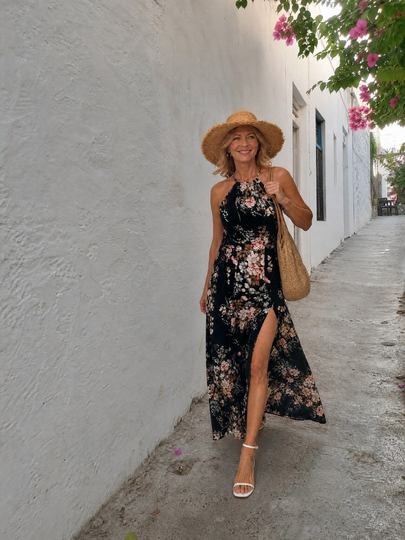 Nuvara | Paloma | Vestido Largo Floral Mujer Cuello Halter Abertura Lateral