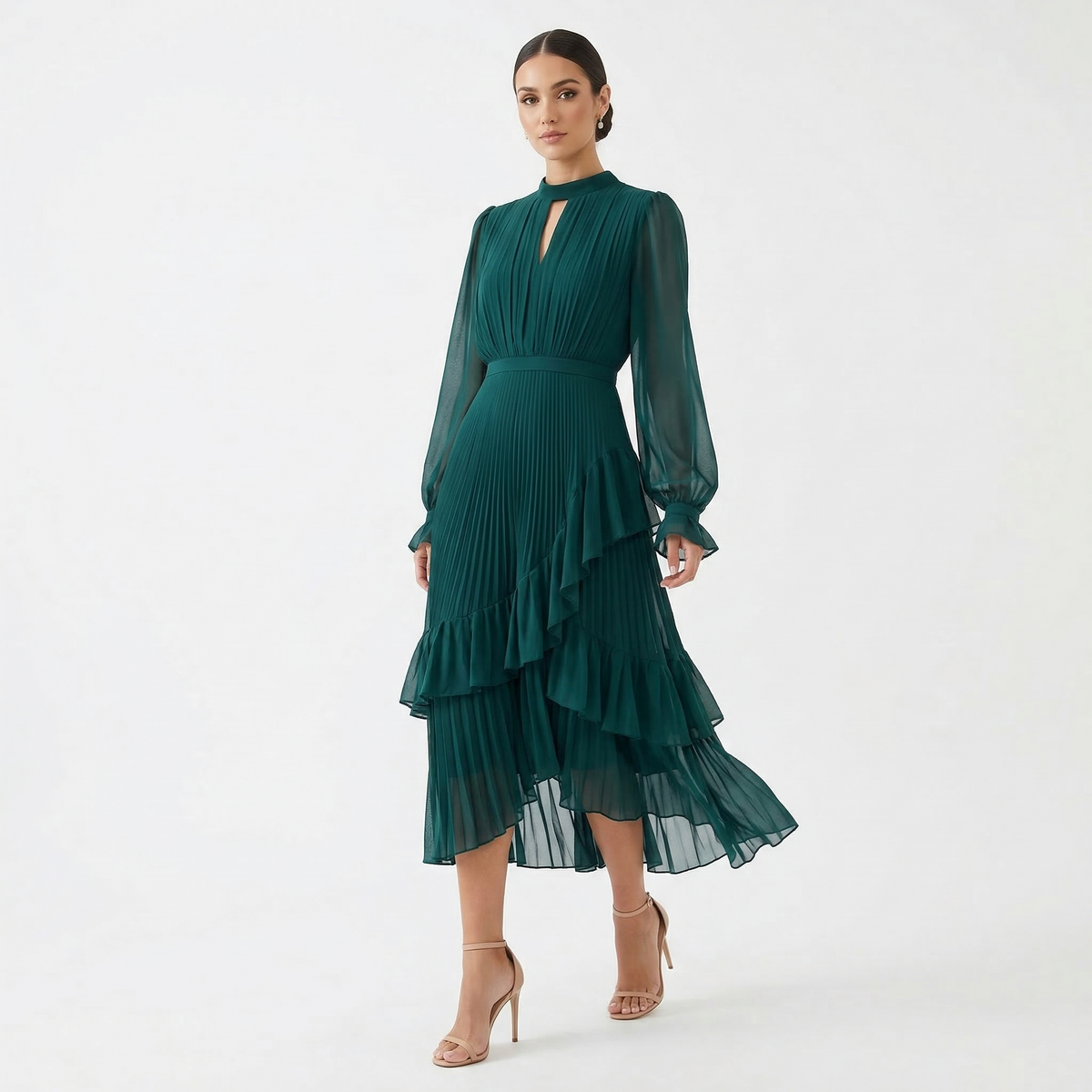 Nuvara | Paloma | Vestido Midi Plisado con Volantes Mujer Cuello Alto