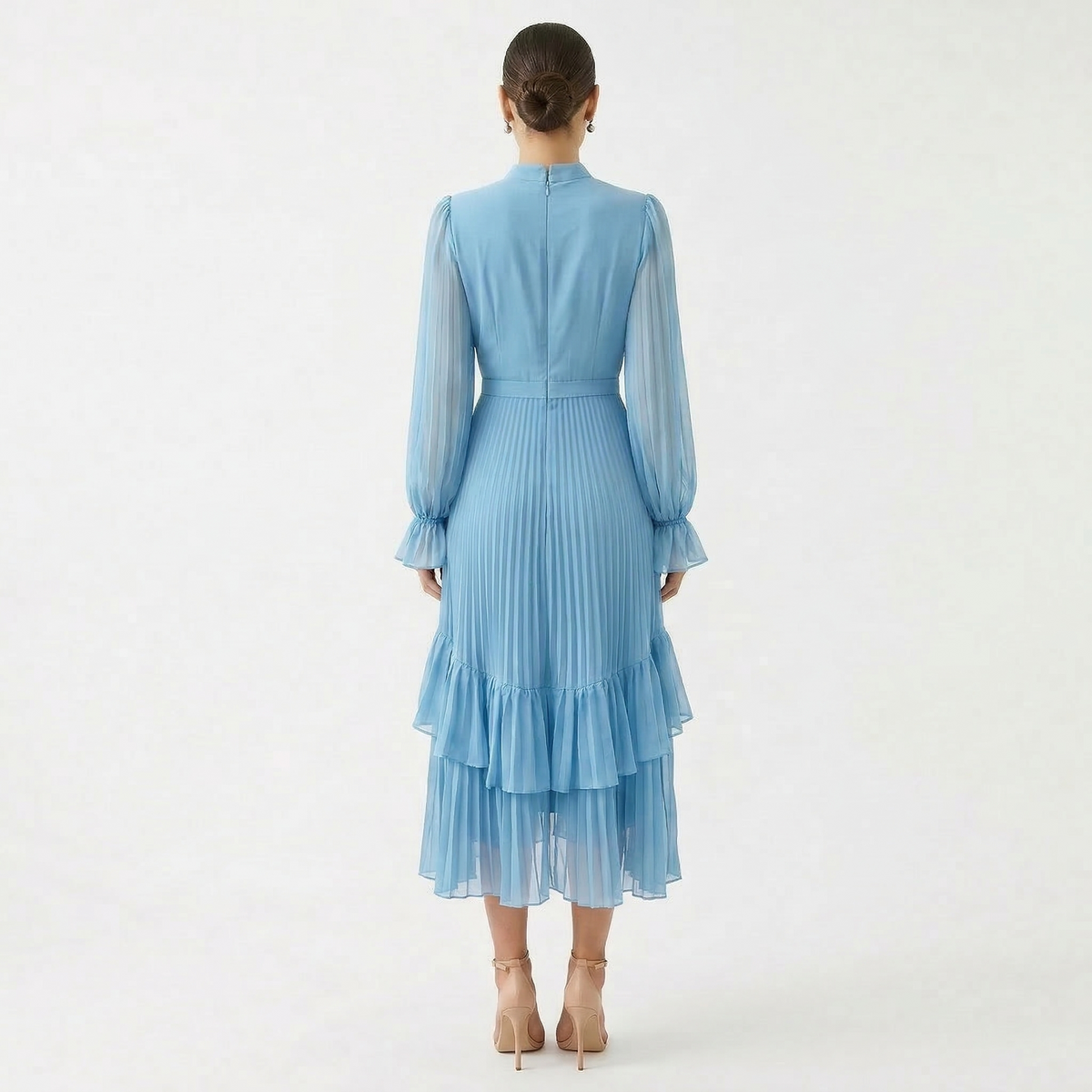 Nuvara | Paloma | Vestido Midi Plisado con Volantes Mujer Cuello Alto