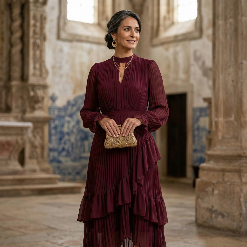 Nuvara | Paloma | Vestido Midi Plisado con Volantes Mujer Cuello Alto