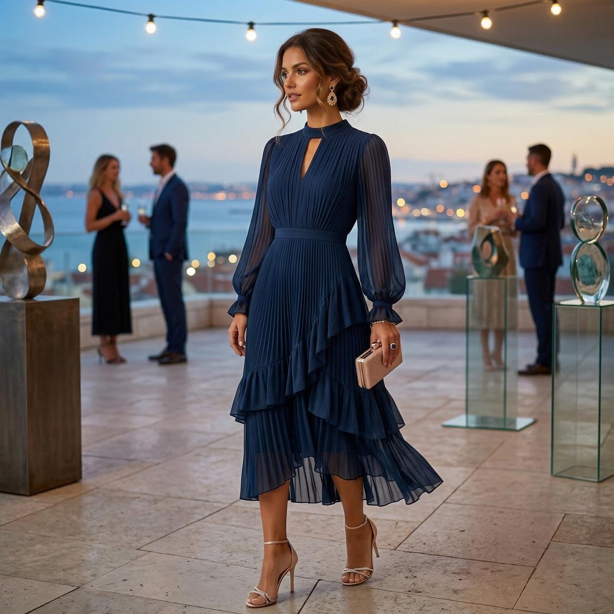 Nuvara | Paloma | Vestido Midi Plisado con Volantes Mujer Cuello Alto
