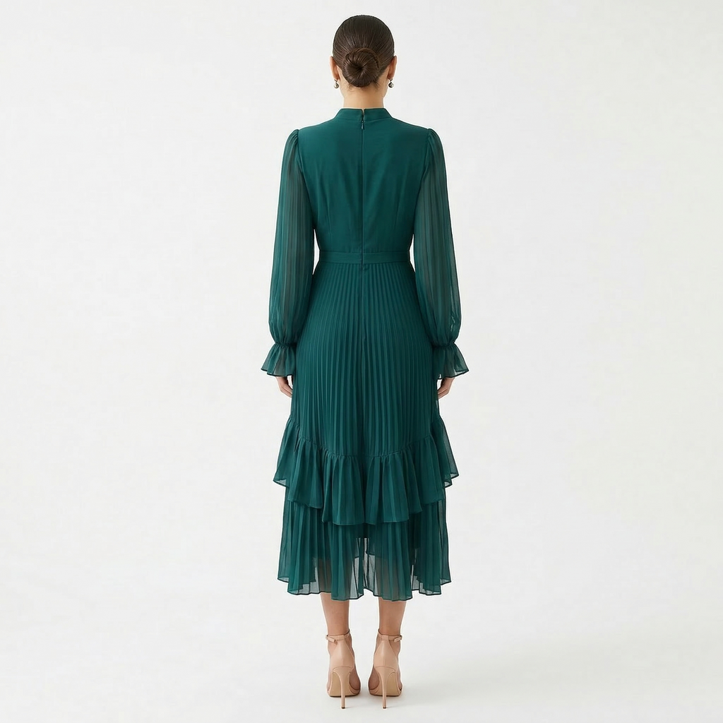 Nuvara | Paloma | Vestido Midi Plisado con Volantes Mujer Cuello Alto