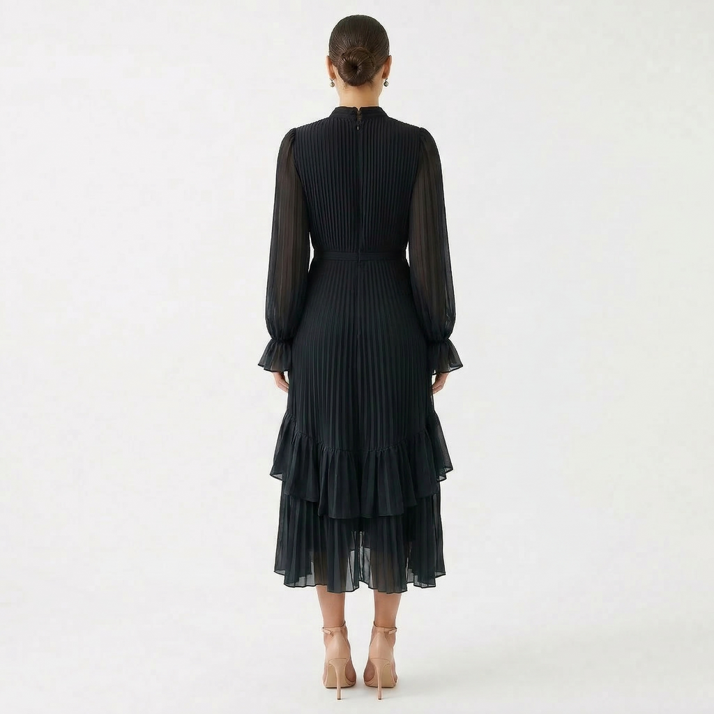 Nuvara | Paloma | Vestido Midi Plisado con Volantes Mujer Cuello Alto