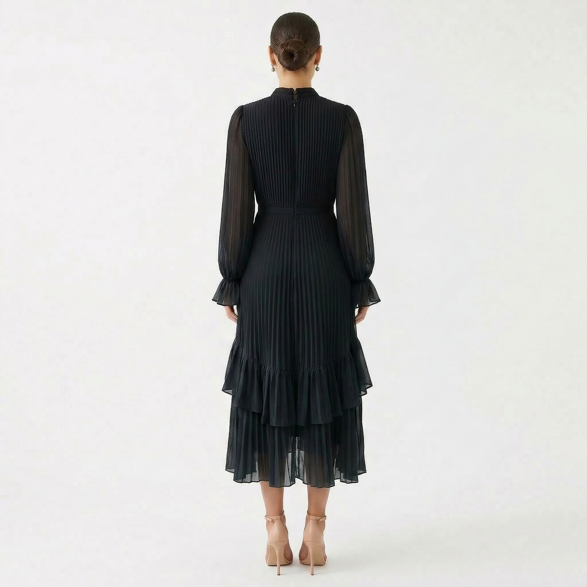 Nuvara | Paloma | Vestido Midi Plisado con Volantes Mujer Cuello Alto