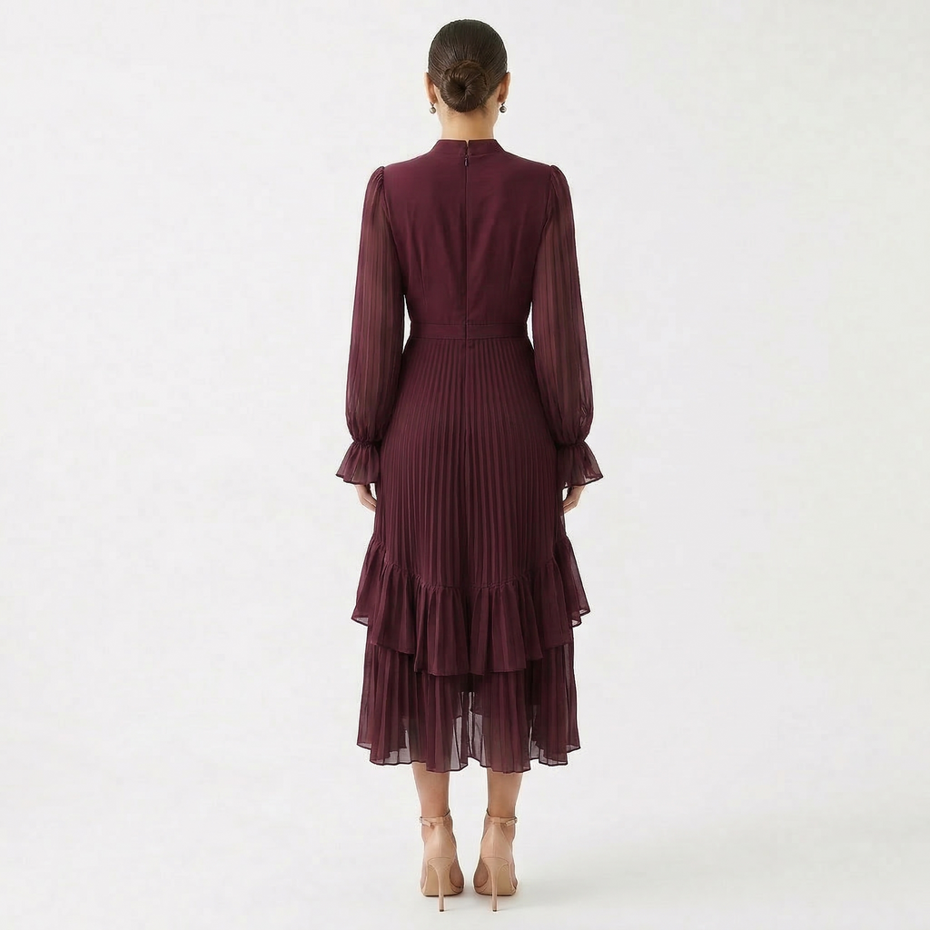 Nuvara | Paloma | Vestido Midi Plisado con Volantes Mujer Cuello Alto