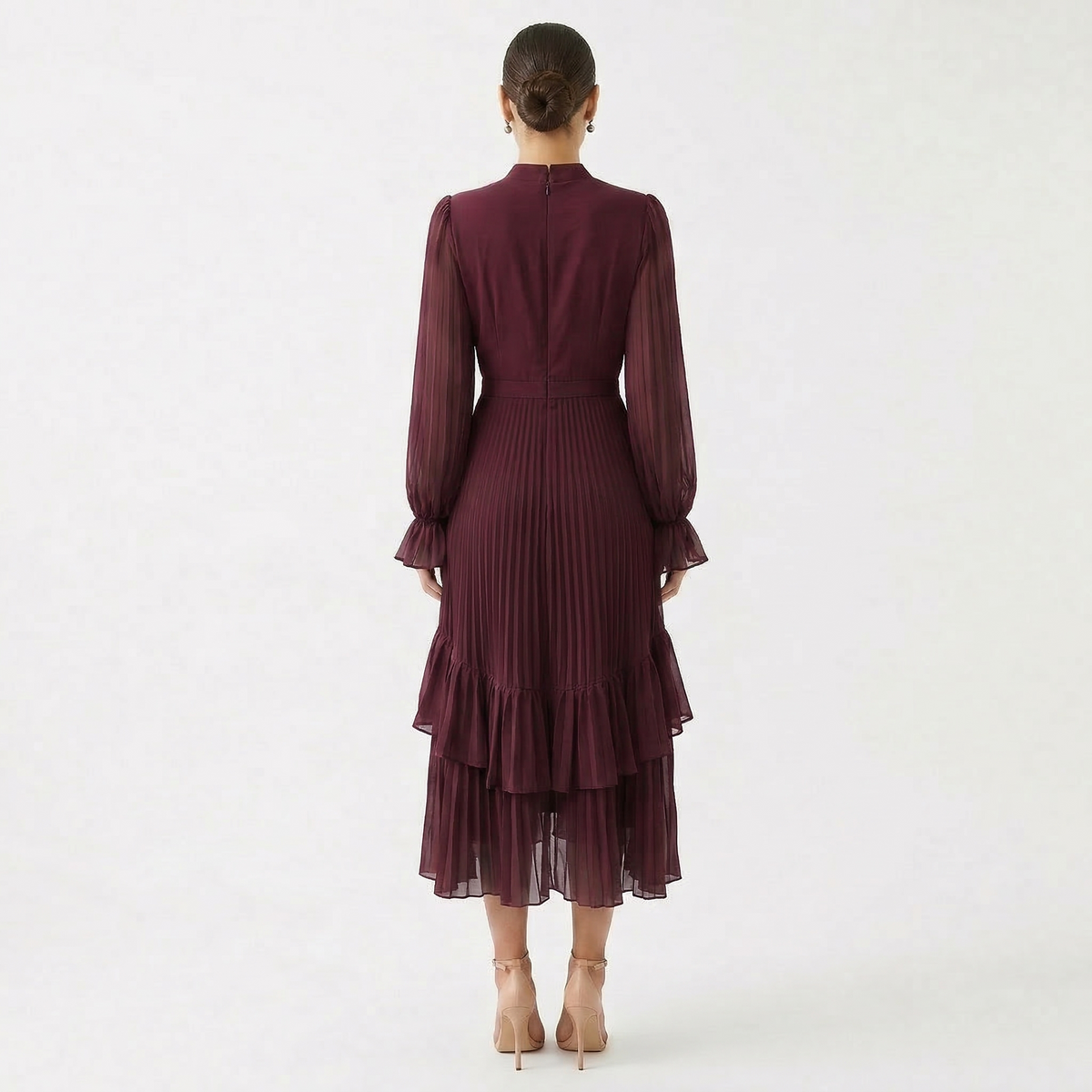 Nuvara | Paloma | Vestido Midi Plisado con Volantes Mujer Cuello Alto