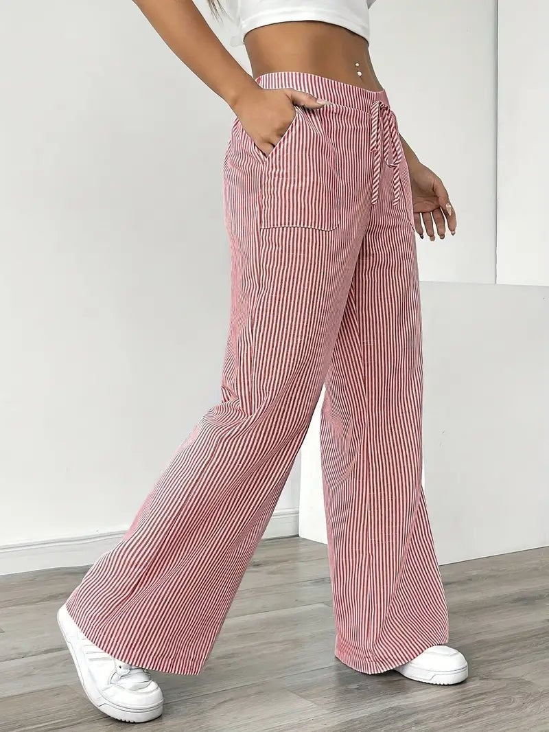 Nuvara | Adriana | Pantalón de Lino a Rayas Palazzo Mujer Cintura Ajustable