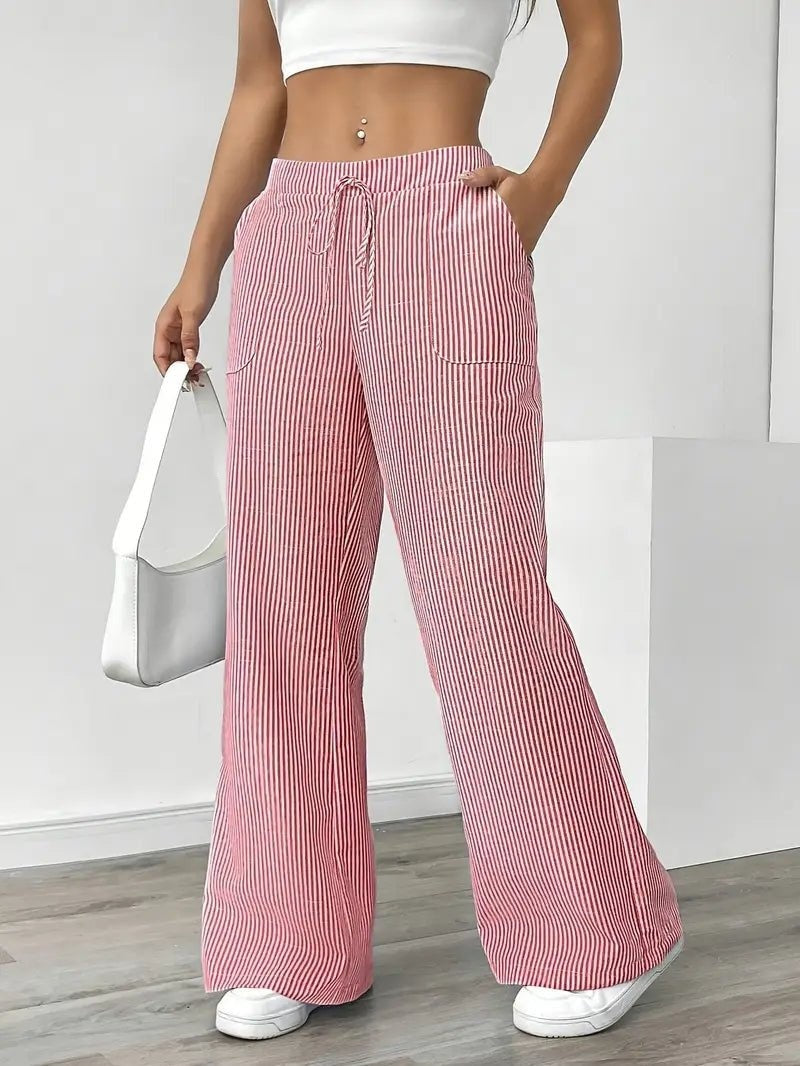 Nuvara | Adriana | Pantalón de Lino a Rayas Palazzo Mujer Cintura Ajustable