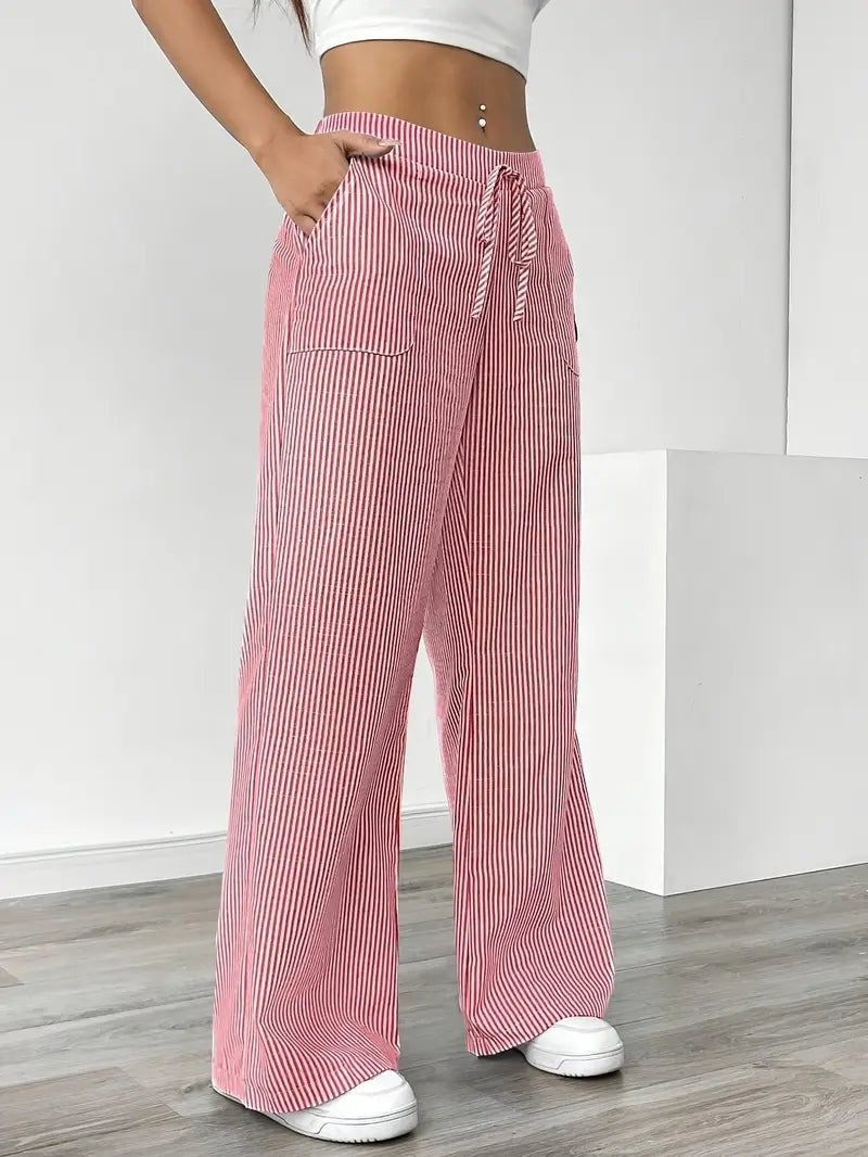 Nuvara | Adriana | Pantalón de Lino a Rayas Palazzo Mujer Cintura Ajustable