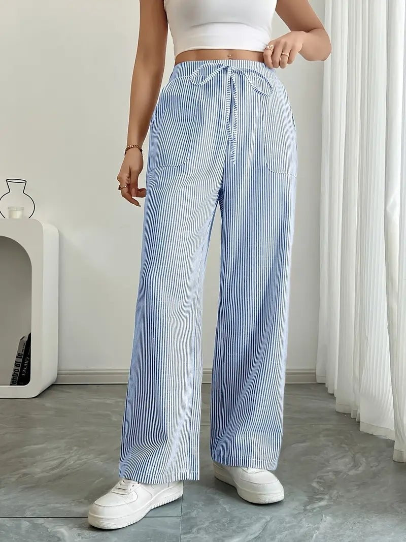 Nuvara | Adriana | Pantalón de Lino a Rayas Palazzo Mujer Cintura Ajustable