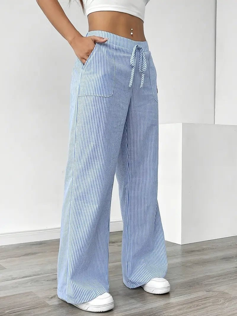 Nuvara | Adriana | Pantalón de Lino a Rayas Palazzo Mujer Cintura Ajustable
