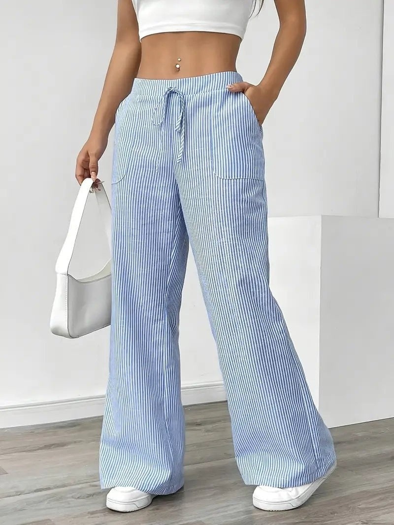 Nuvara | Adriana | Pantalón de Lino a Rayas Palazzo Mujer Cintura Ajustable