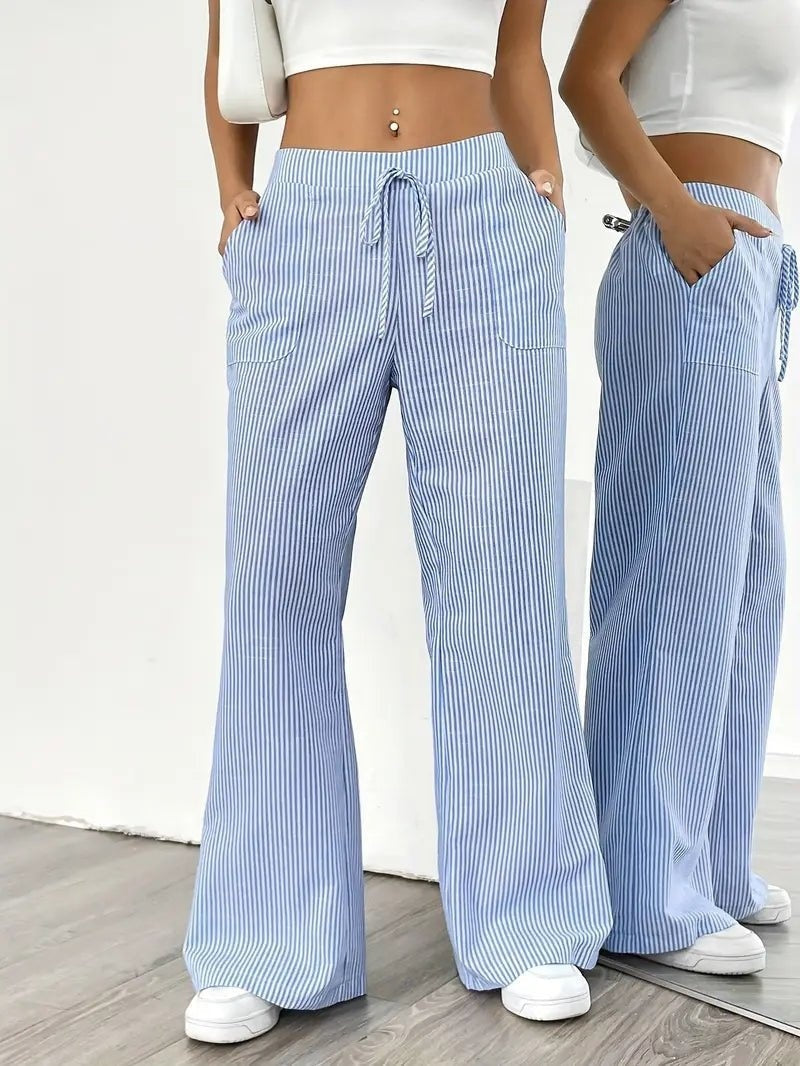 Nuvara | Adriana | Pantalón de Lino a Rayas Palazzo Mujer Cintura Ajustable