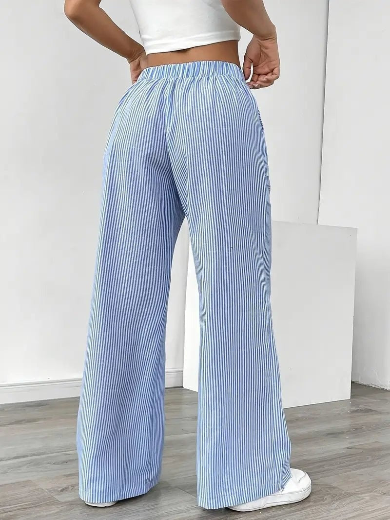 Nuvara | Adriana | Pantalón de Lino a Rayas Palazzo Mujer Cintura Ajustable