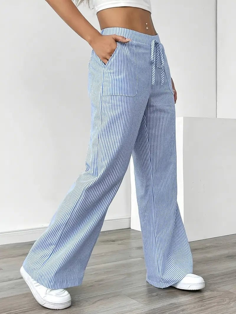 Nuvara | Adriana | Pantalón de Lino a Rayas Palazzo Mujer Cintura Ajustable