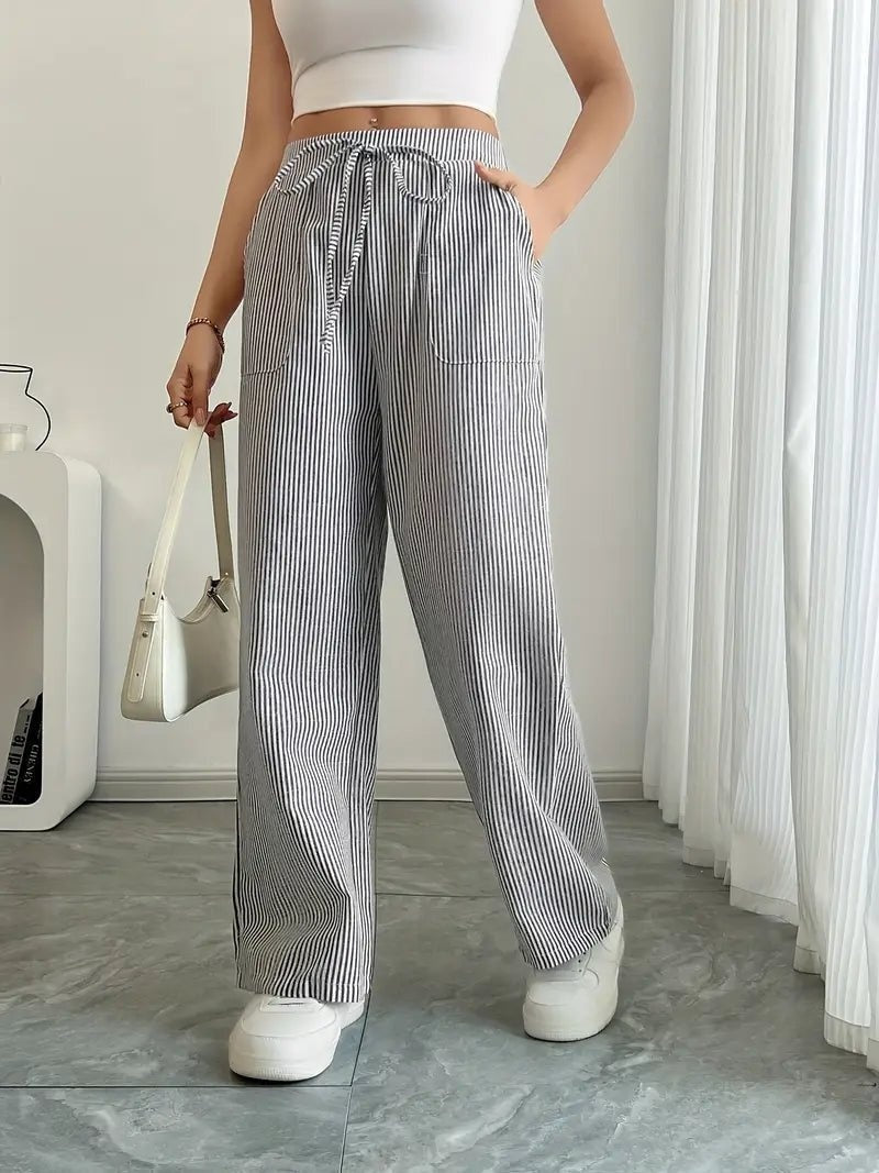 Nuvara | Adriana | Pantalón de Lino a Rayas Palazzo Mujer Cintura Ajustable