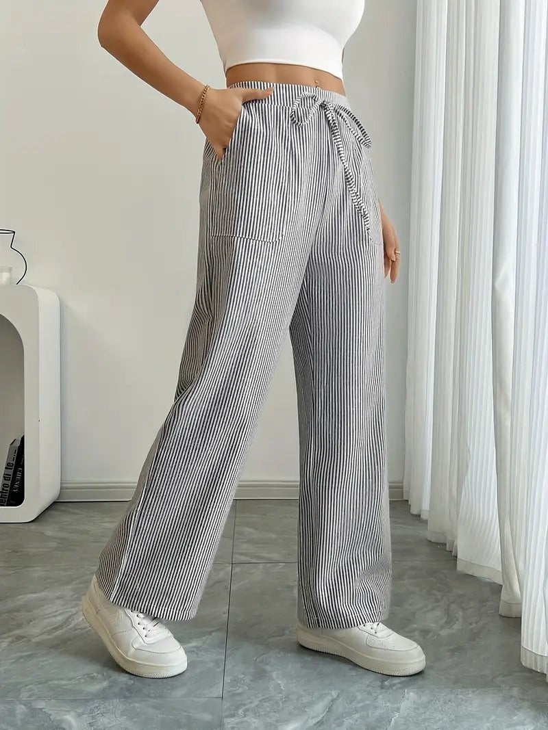 Nuvara | Adriana | Pantalón de Lino a Rayas Palazzo Mujer Cintura Ajustable
