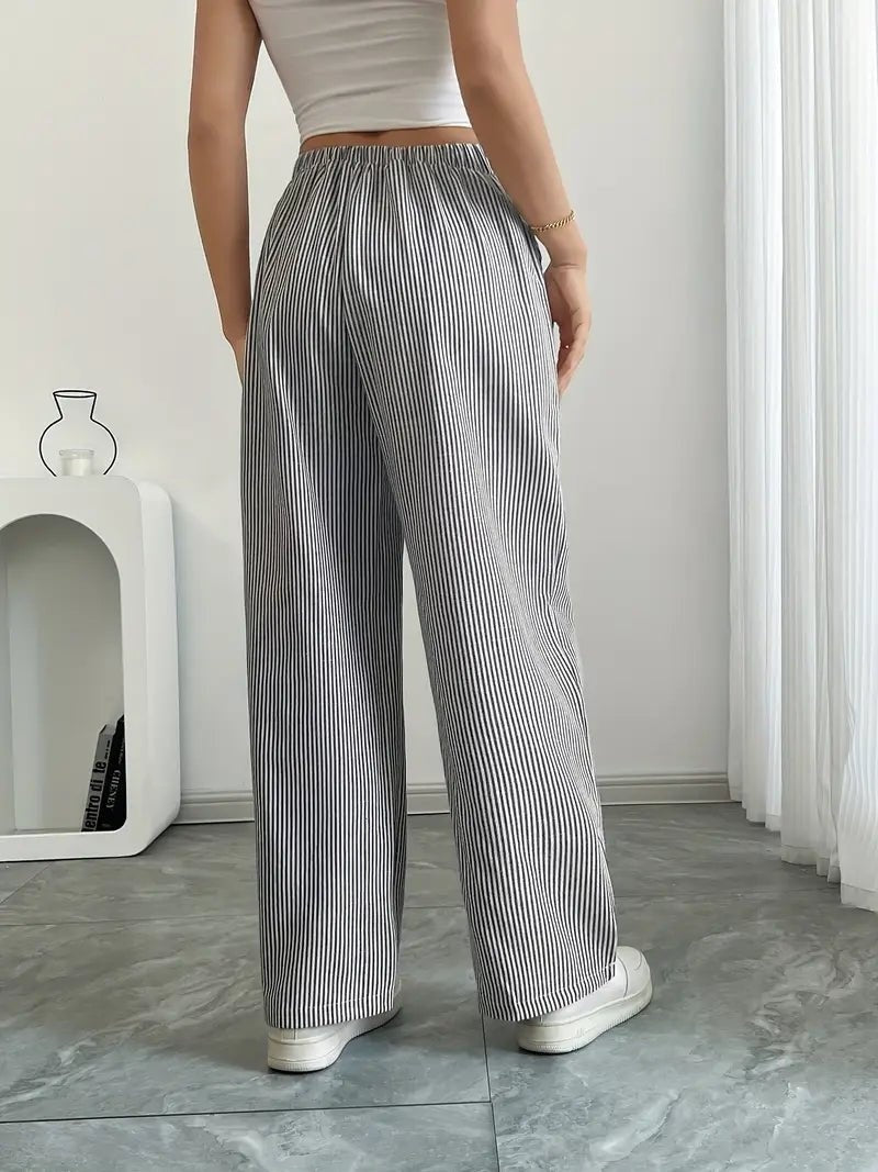 Nuvara | Adriana | Pantalón de Lino a Rayas Palazzo Mujer Cintura Ajustable