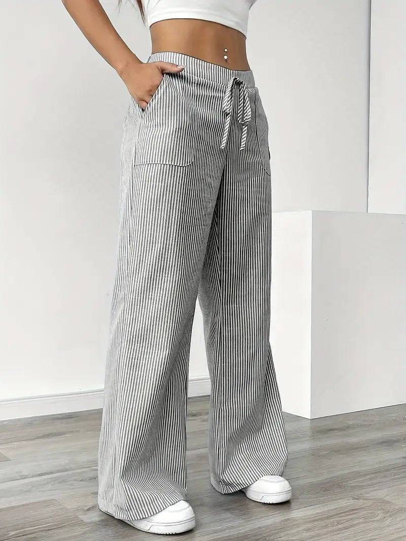 Nuvara | Adriana | Pantalón de Lino a Rayas Palazzo Mujer Cintura Ajustable