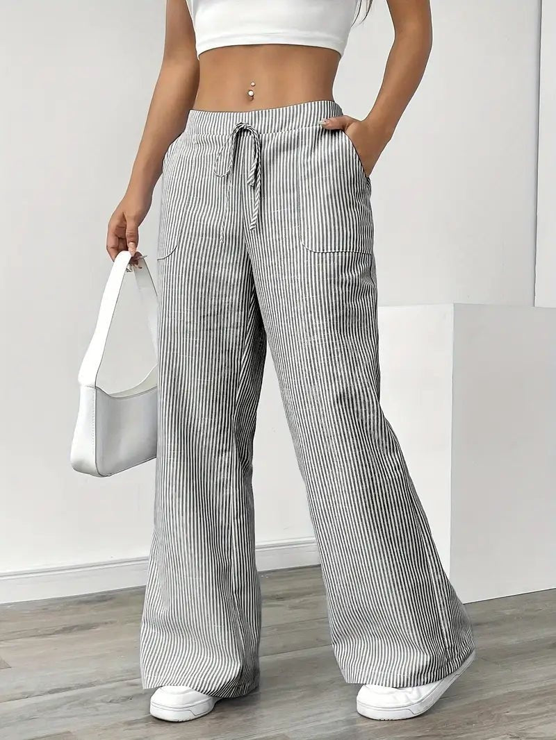Nuvara | Adriana | Pantalón de Lino a Rayas Palazzo Mujer Cintura Ajustable