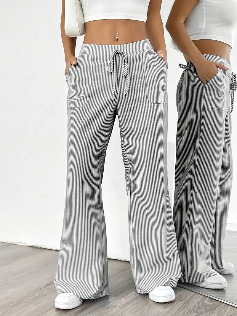 Nuvara | Adriana | Pantalón de Lino a Rayas Palazzo Mujer Cintura Ajustable