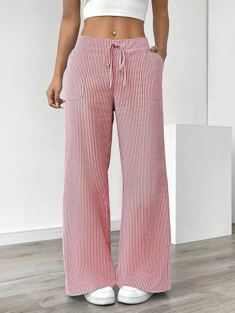 Nuvara | Adriana | Pantalón de Lino a Rayas Palazzo Mujer Cintura Ajustable