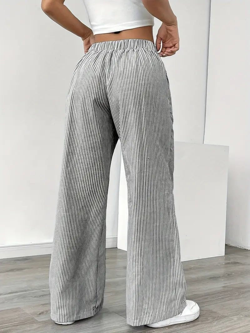 Nuvara | Adriana | Pantalón de Lino a Rayas Palazzo Mujer Cintura Ajustable