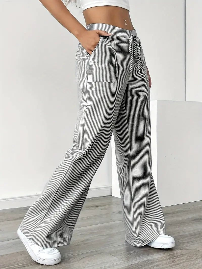 Nuvara | Adriana | Pantalón de Lino a Rayas Palazzo Mujer Cintura Ajustable