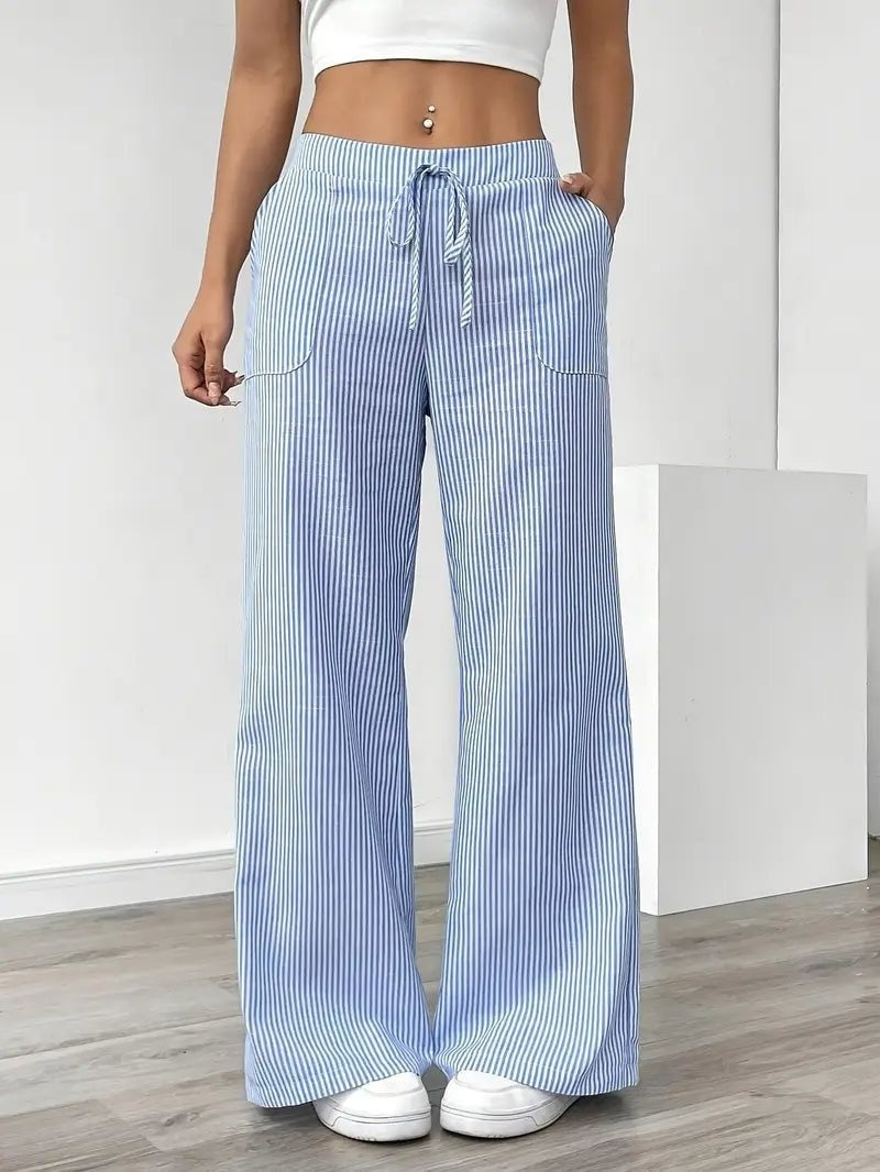Nuvara | Adriana | Pantalón de Lino a Rayas Palazzo Mujer Cintura Ajustable