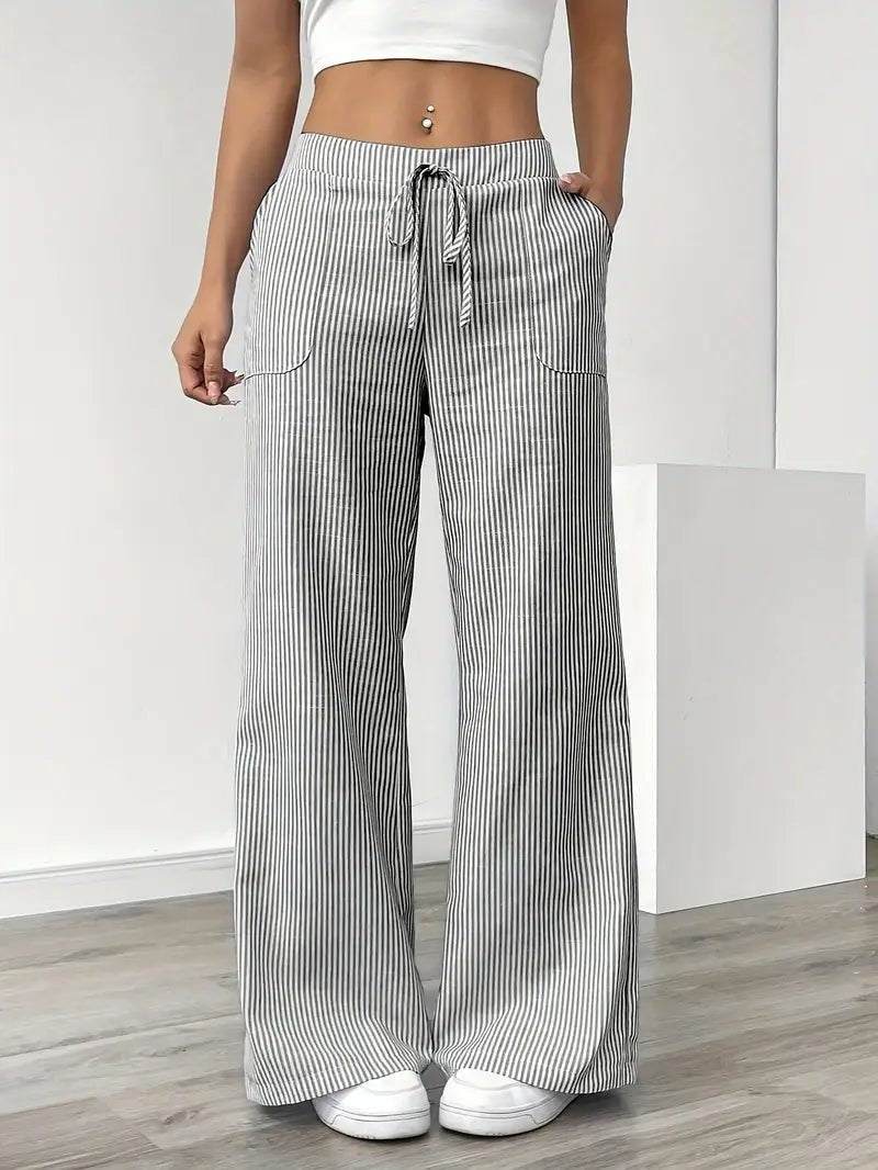 Nuvara | Adriana | Pantalón de Lino a Rayas Palazzo Mujer Cintura Ajustable