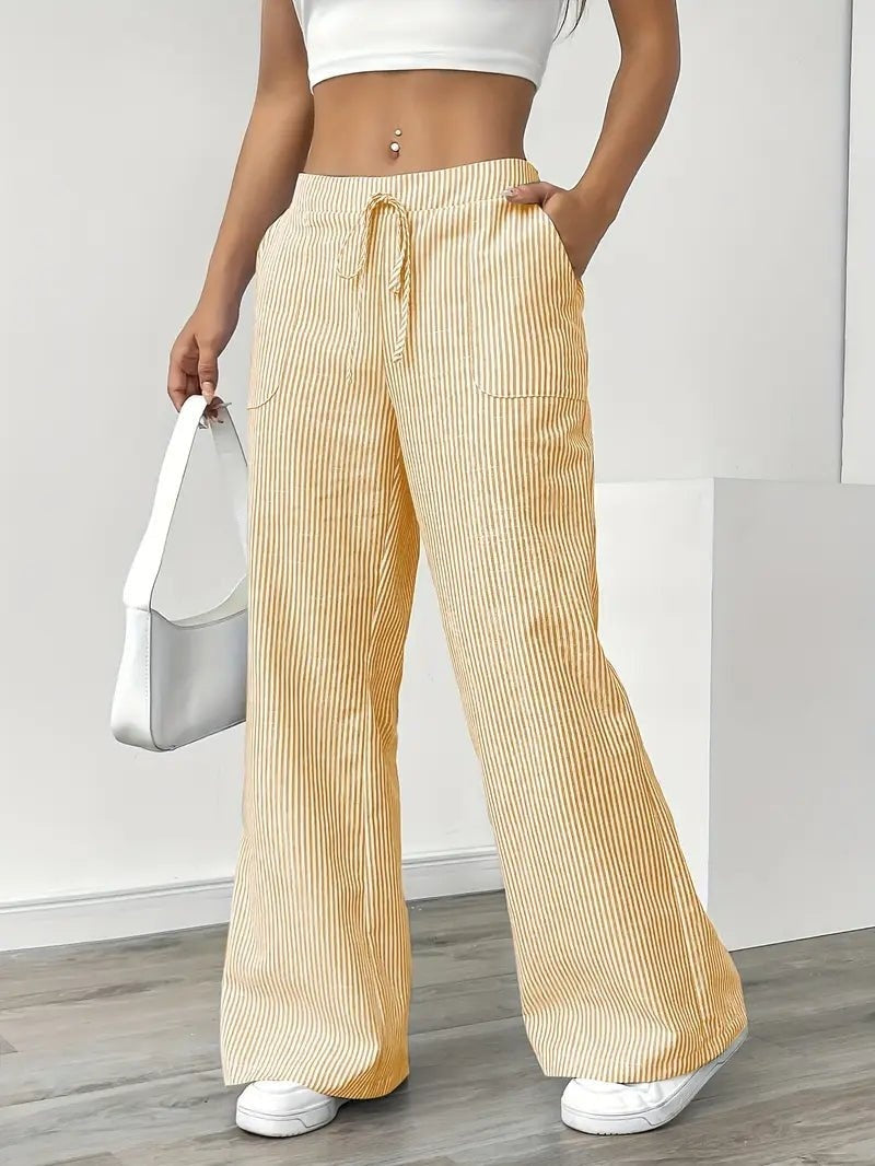 Nuvara | Adriana | Pantalón de Lino a Rayas Palazzo Mujer Cintura Ajustable