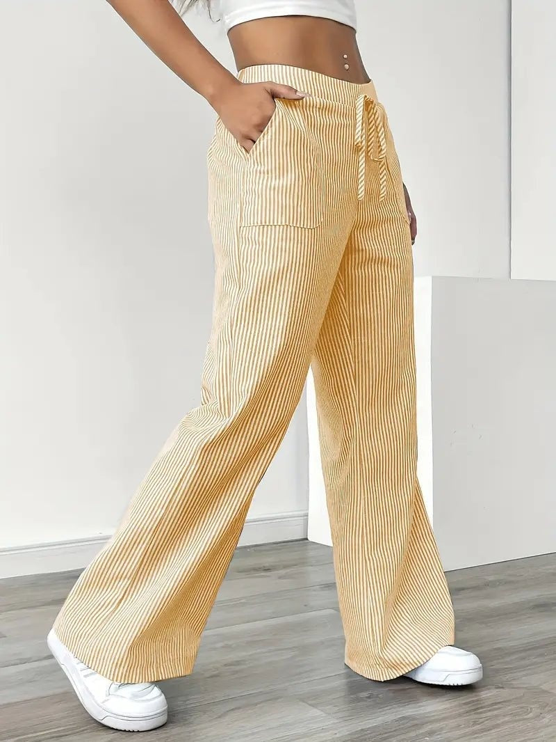 Nuvara | Adriana | Pantalón de Lino a Rayas Palazzo Mujer Cintura Ajustable