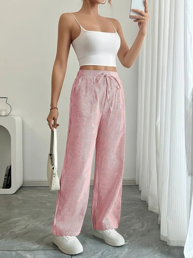 Nuvara | Adriana | Pantalón de Lino a Rayas Palazzo Mujer Cintura Ajustable