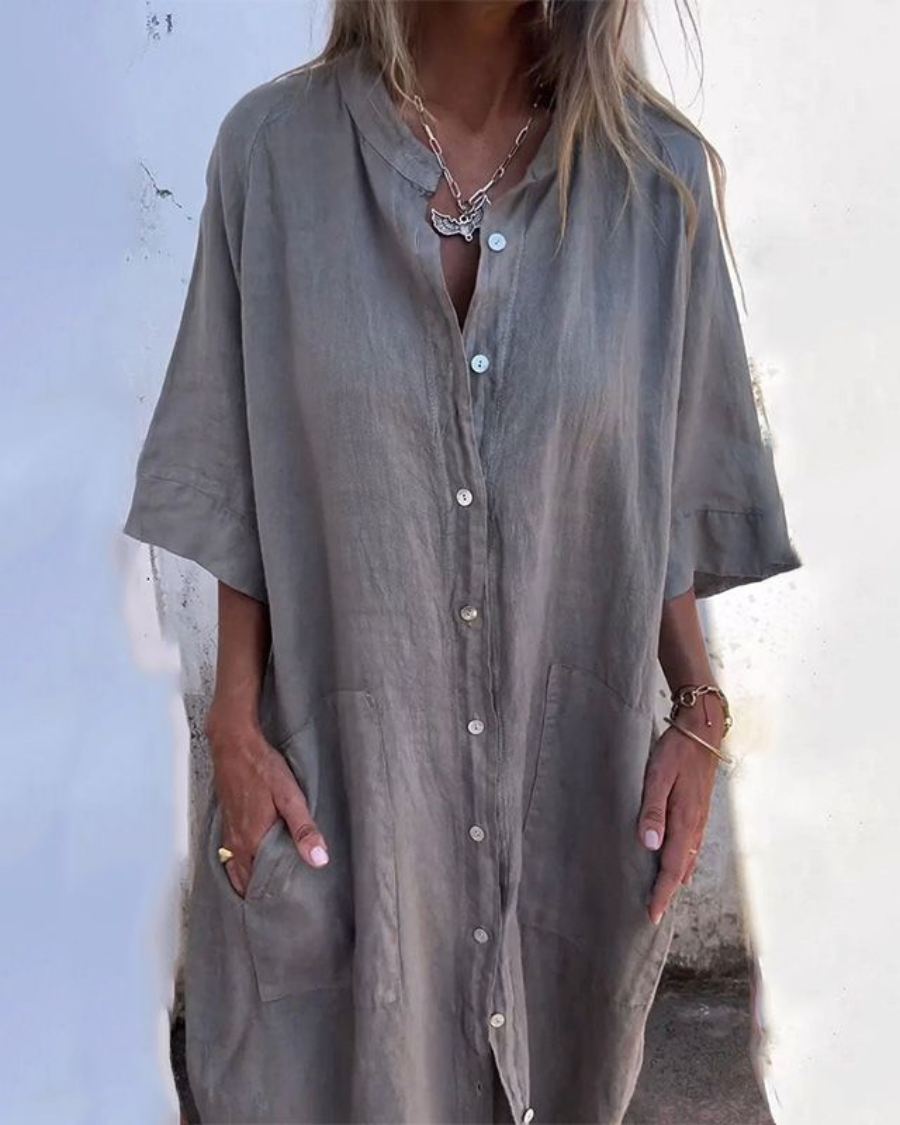 Nuvara | Pilar | Vestido Camisero Largo de Lino Mujer Botones