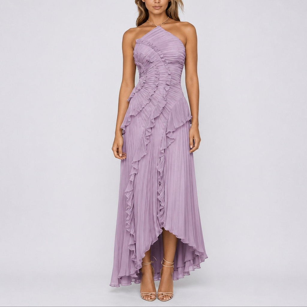 Nuvara | Pilar | Vestido Invitada Otoño Plisado con Volantes Mujer Cuello Halter