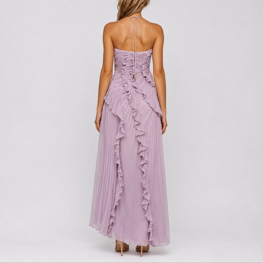 Nuvara | Pilar | Vestido Invitada Otoño Plisado con Volantes Mujer Cuello Halter