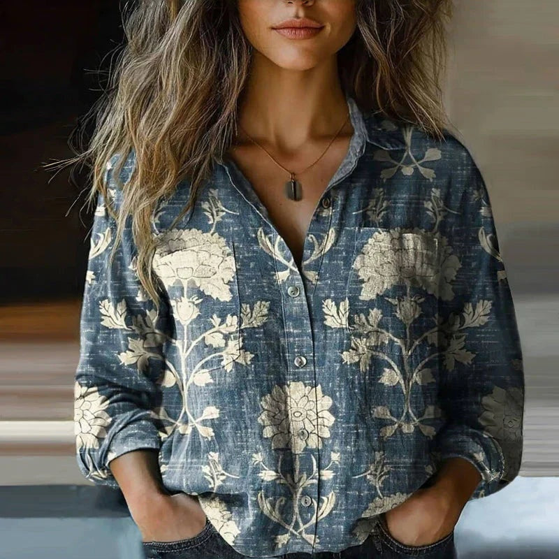 Raquel | Camisa de Manga Larga Estampada Mujer Botones Cuello Solapa
