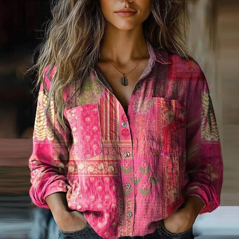 Raquel | Camisa de Manga Larga Estampada Mujer Botones Cuello Solapa
