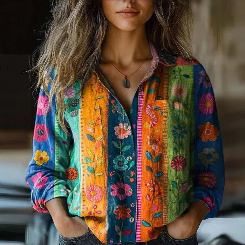 Raquel | Camisa de Manga Larga Estampada Mujer Botones Cuello Solapa