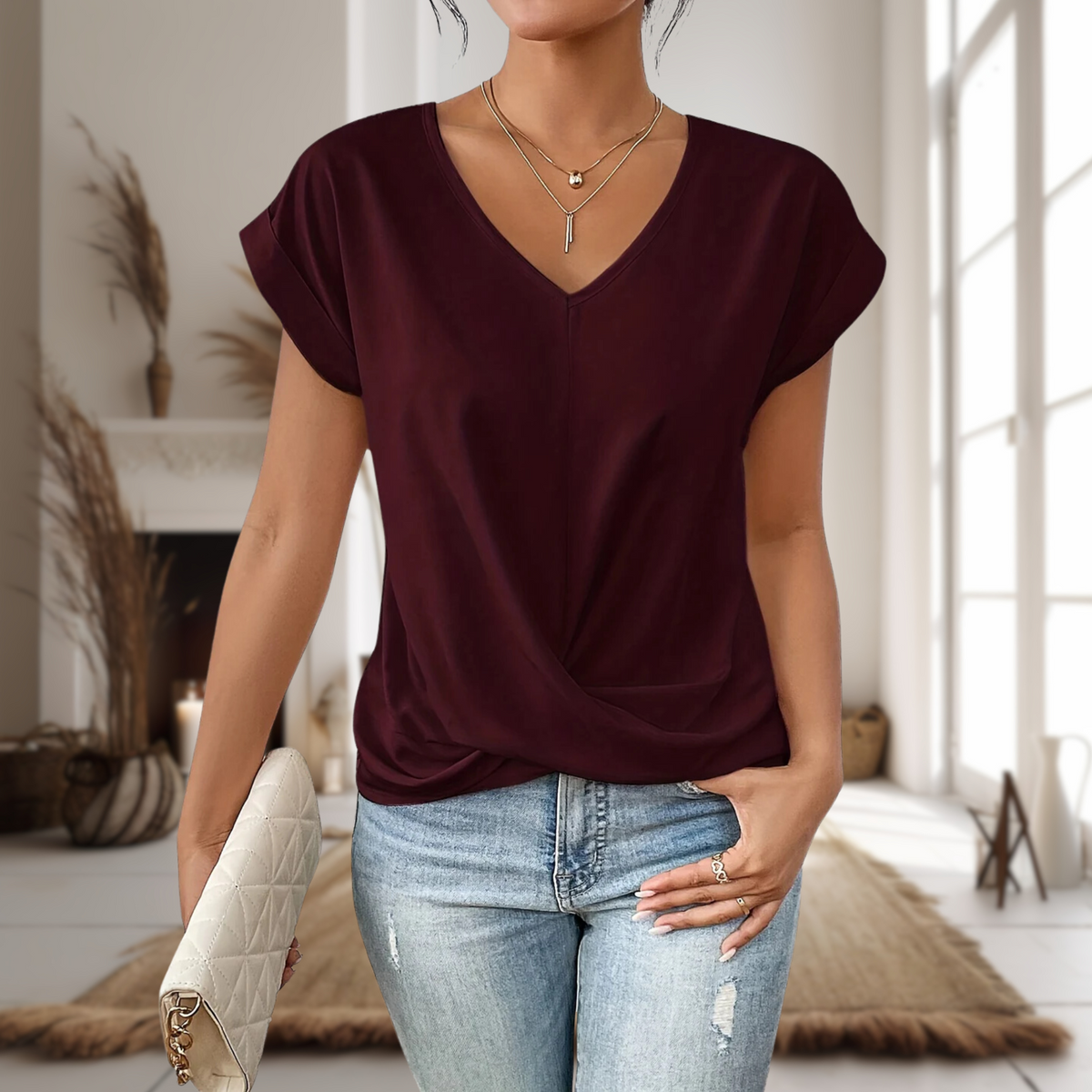 Rebeca | Blusa de Manga Corta Mujer Cuello en V Dobladillo Cruzado