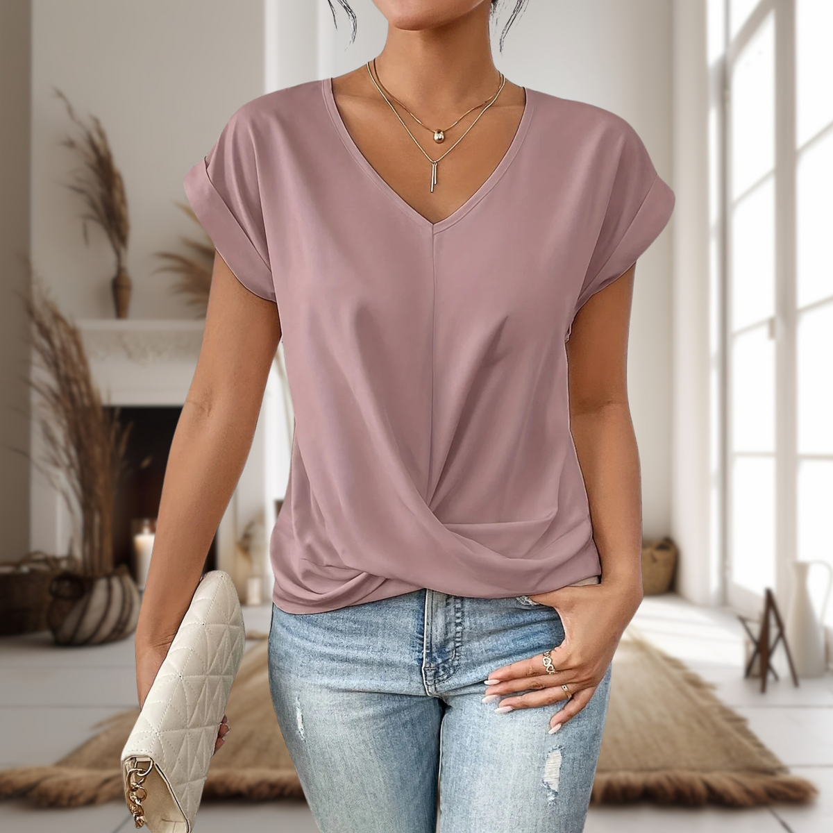 Rebeca | Blusa de Manga Corta Mujer Cuello en V Dobladillo Cruzado