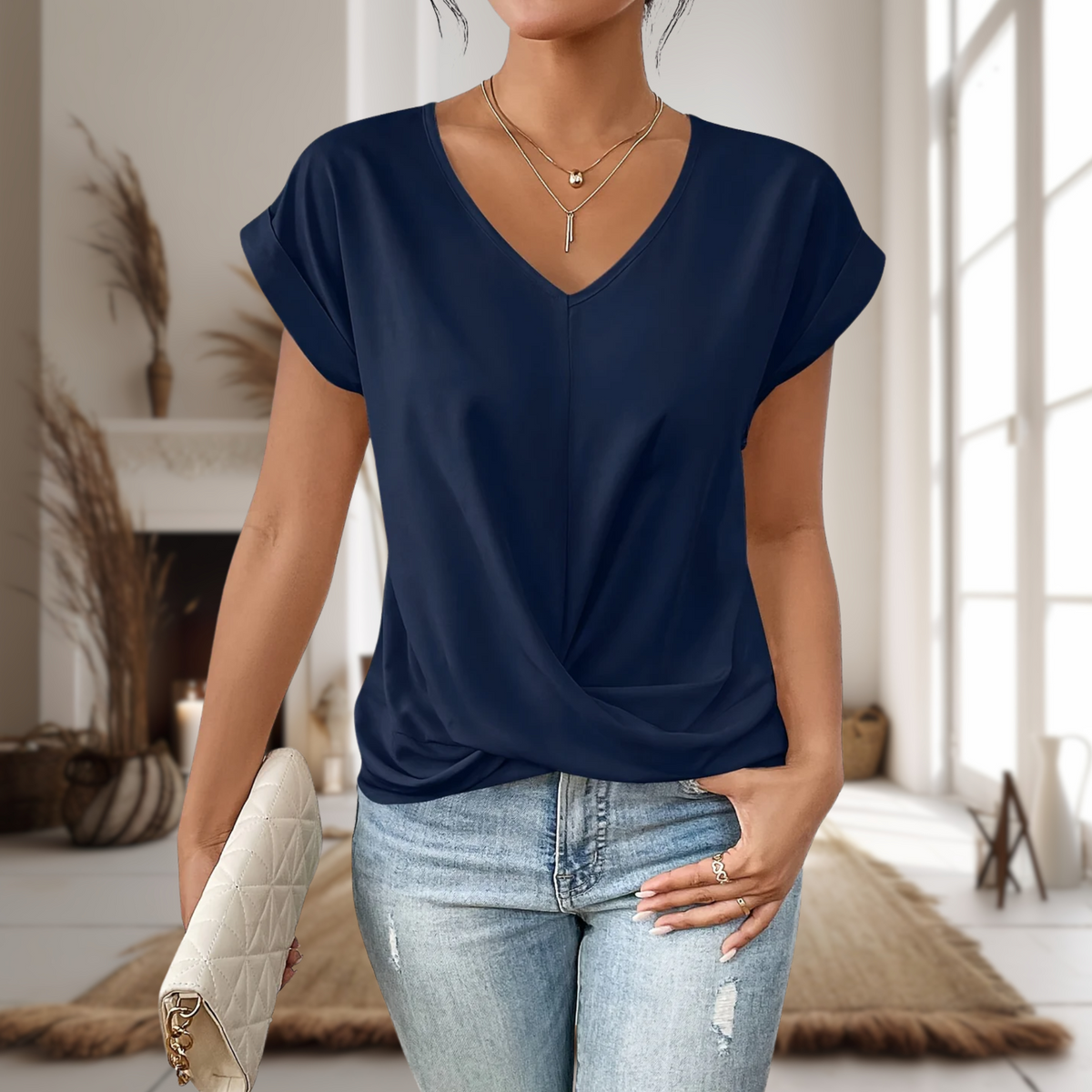 Rebeca | Blusa de Manga Corta Mujer Cuello en V Dobladillo Cruzado